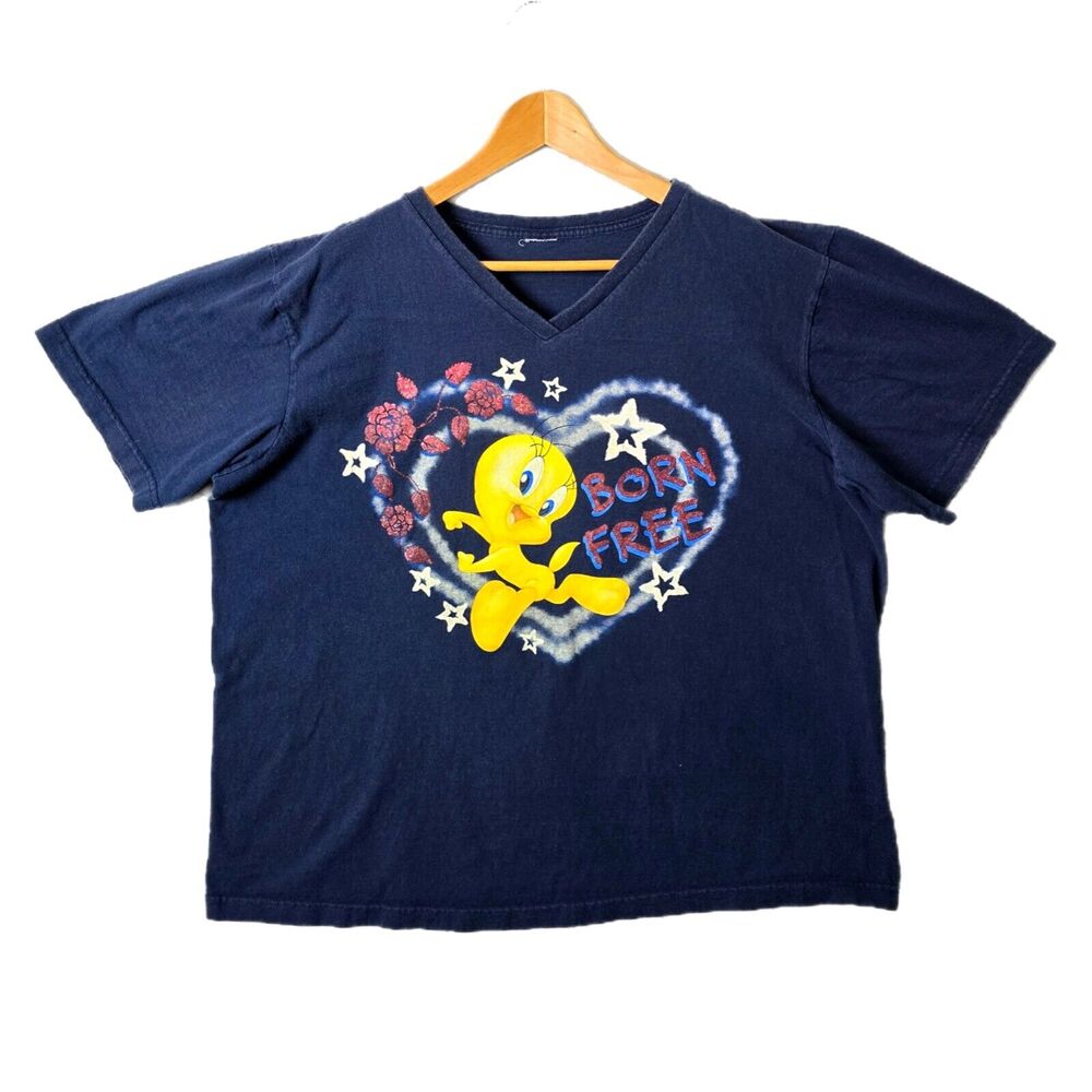 Vintage 2003 Women’s Looney Tunes Tweetie Bird Born Free V-Neck Shirt XXL Y2K